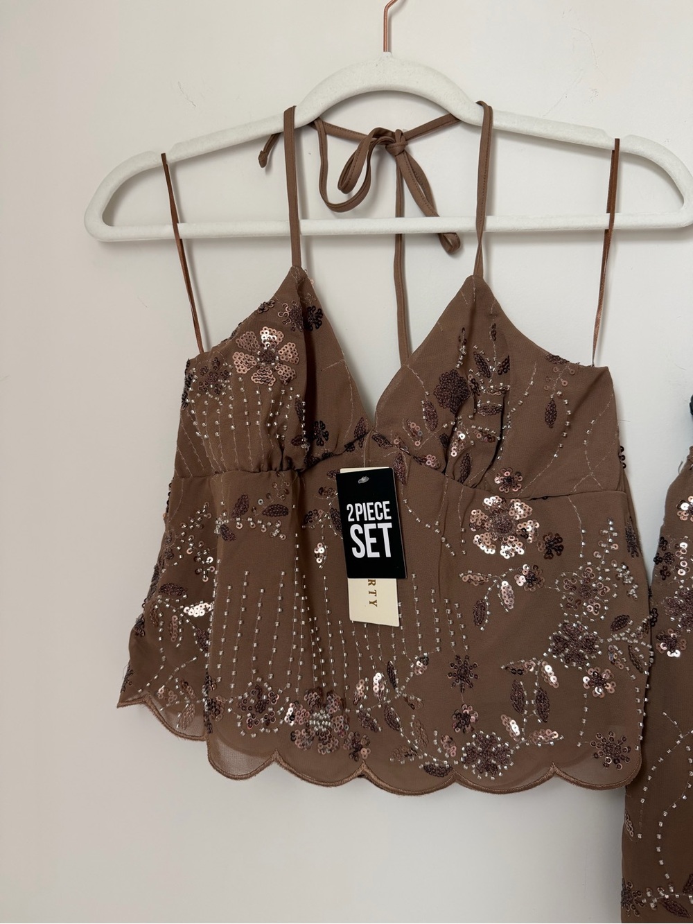 Brown beaded Sequin halter top and Mini Skirt 2 Piece Set - Picture 6 of 7